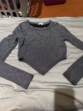 Ribbed Point-Hem Long Sleeve Crop Top - Black/Silver - metallic